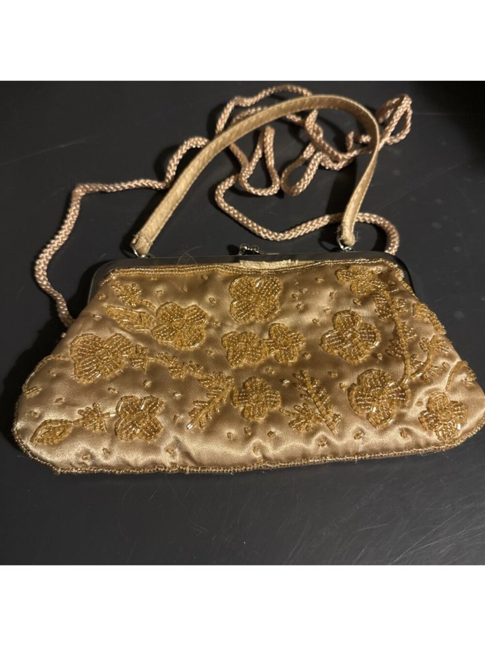 Gold Beaded Satin Handbag Purse Champaigne Gold Kiss-Lock Closure Long Strap